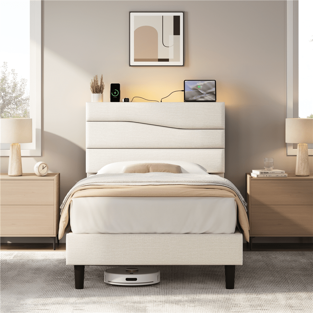 Renwick Twin Upholstered Bed Frame with Charging Station, Beige