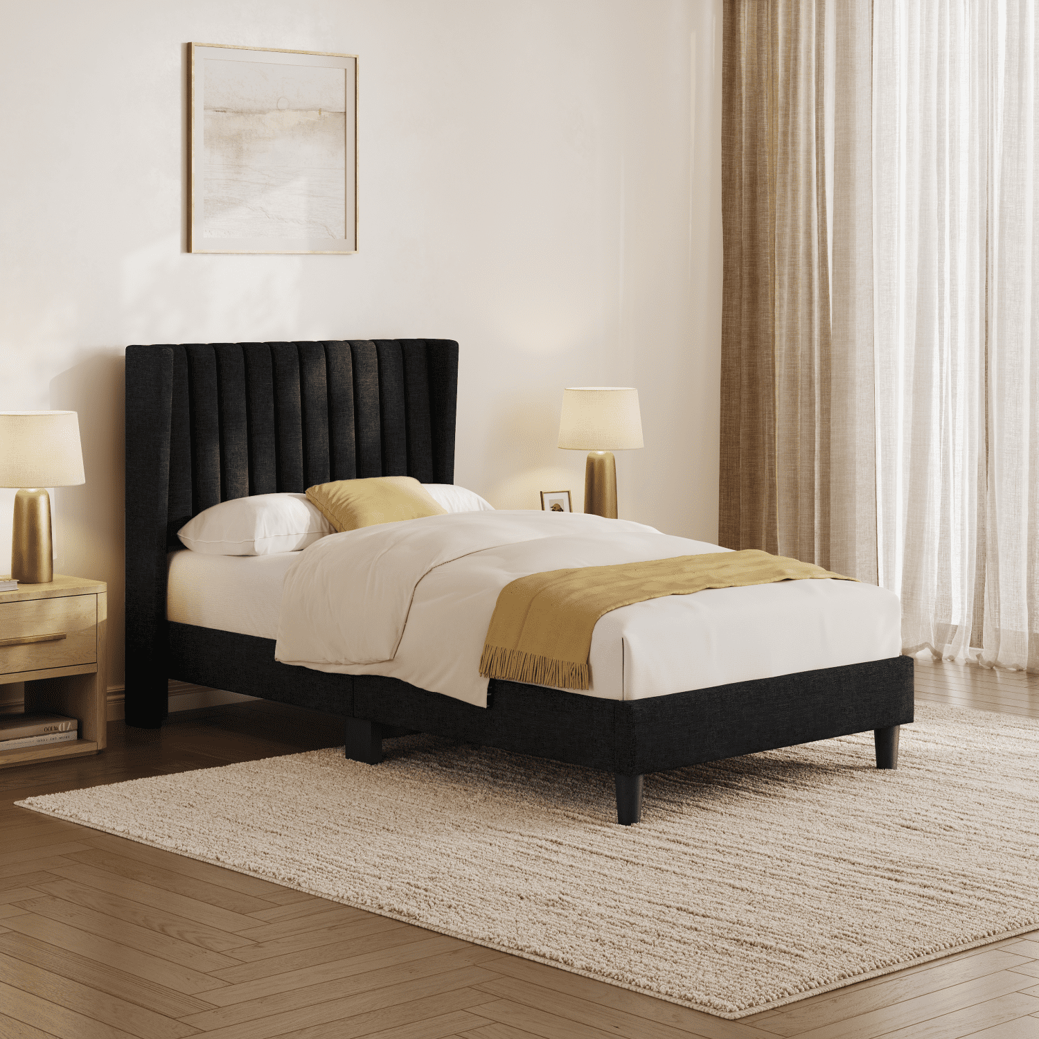 Renwick Twin Upholstered Bed Frame with Tufted Headboard, Black