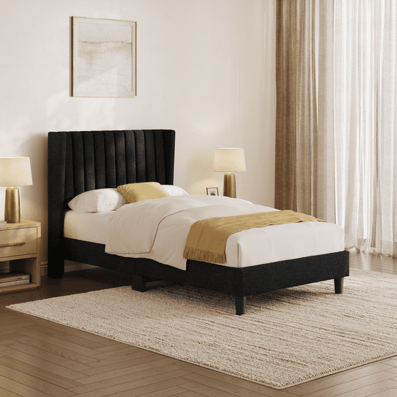 Renwick Twin Upholstered Bed Frame with Tufted Headboard, Black