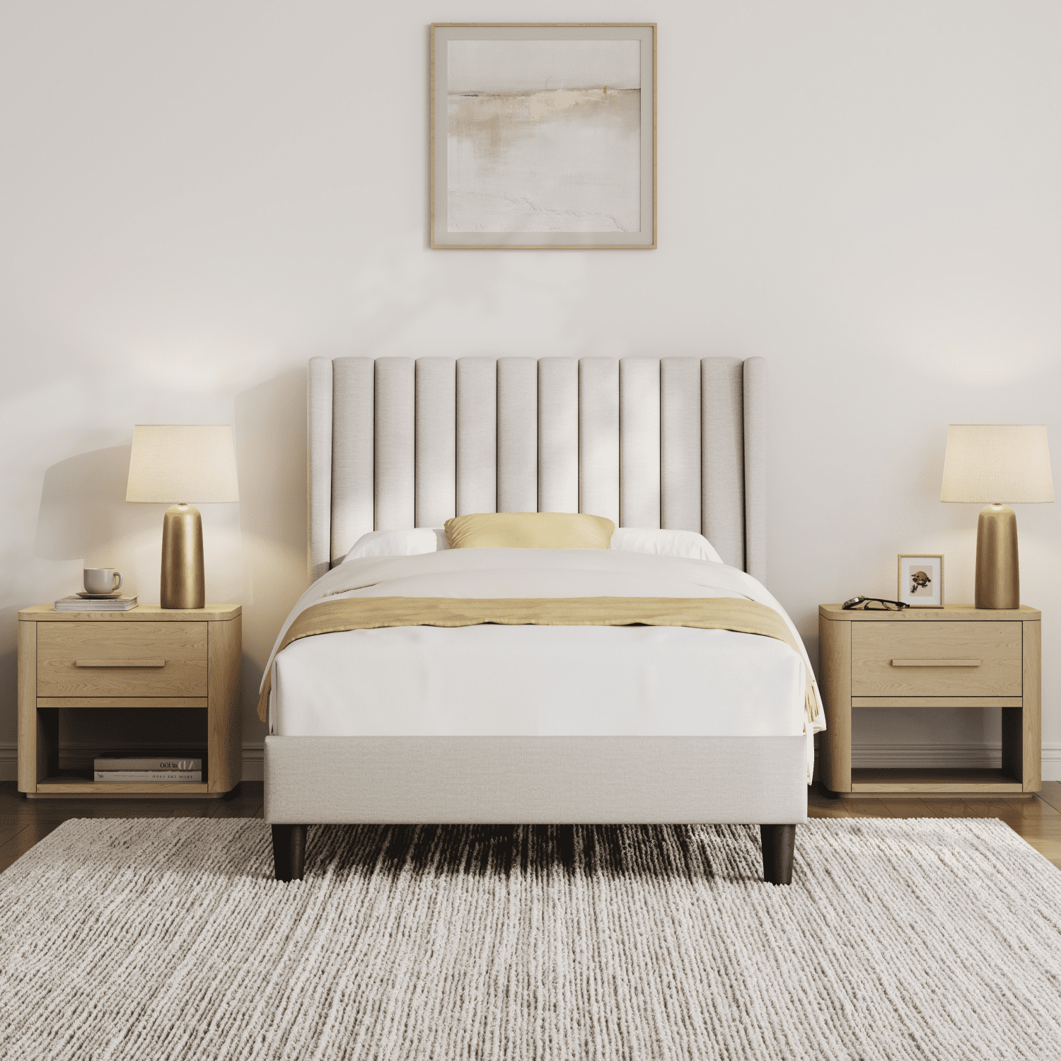 Renwick Twin Upholstered Bed Frame with Tufted Headboard, Ivory