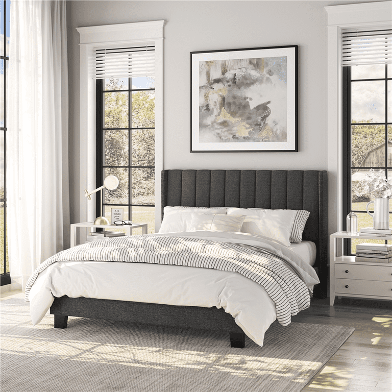Renwick Upholstered Platform Queen Bed with Wing Side for