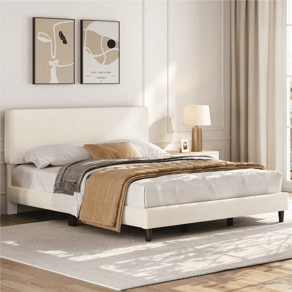 Renwick Upholstered Bed Frame with Wooden Slat Support, King, Beige