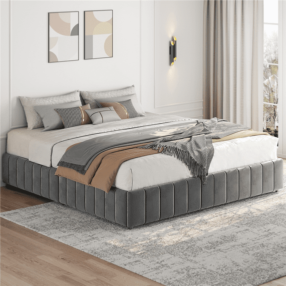 Renwick Upholstered King Size Bed Frame with 4 Storage Drawers, Dark Gray, Adult