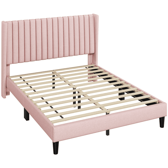 Renwick Upholstered Platform Bed Frame with Channel Tufted Headboard, Queen, Pink