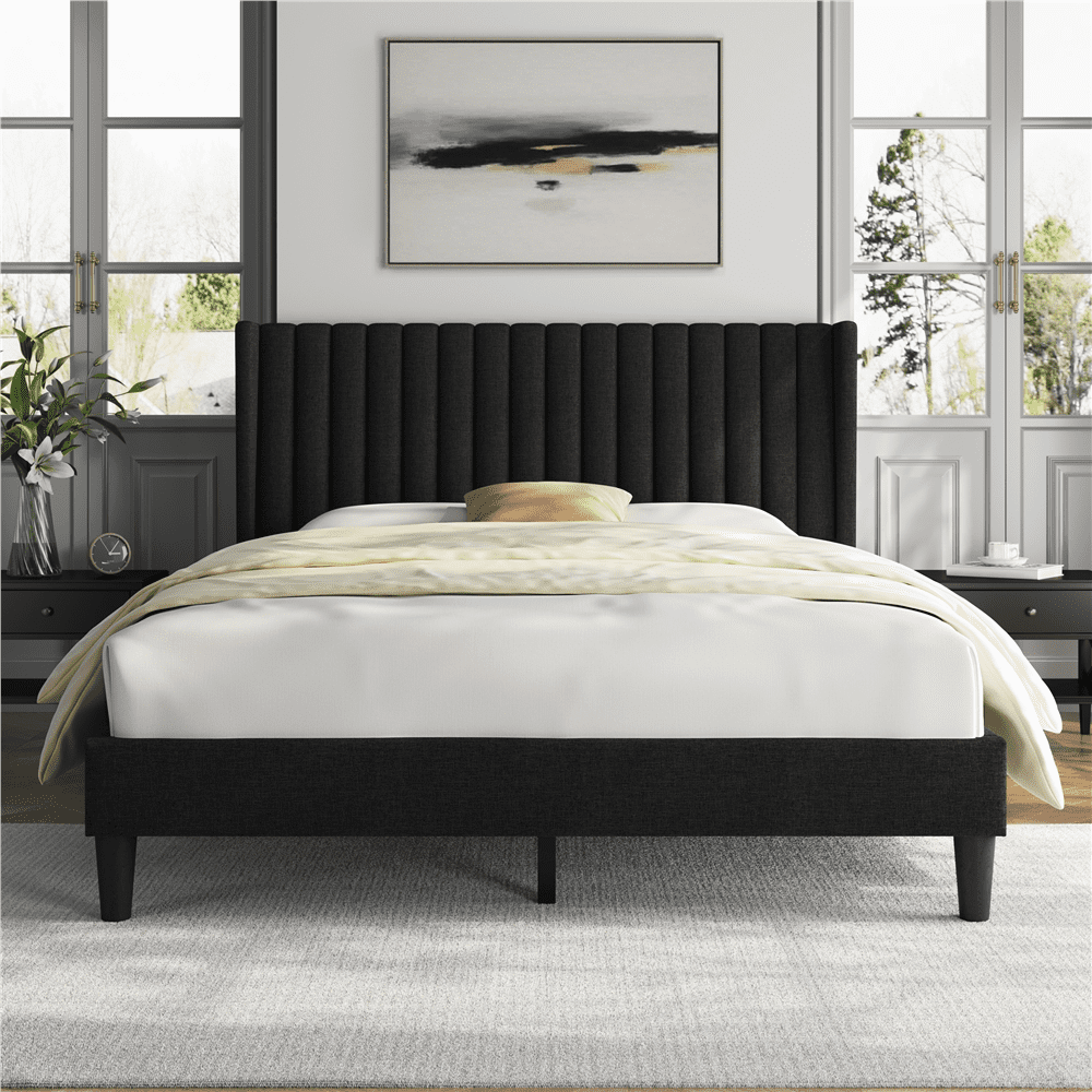 Renwick Upholstered Platform Bed Frame with Wing Side and Channel Tufted Headboard, Queen, Black