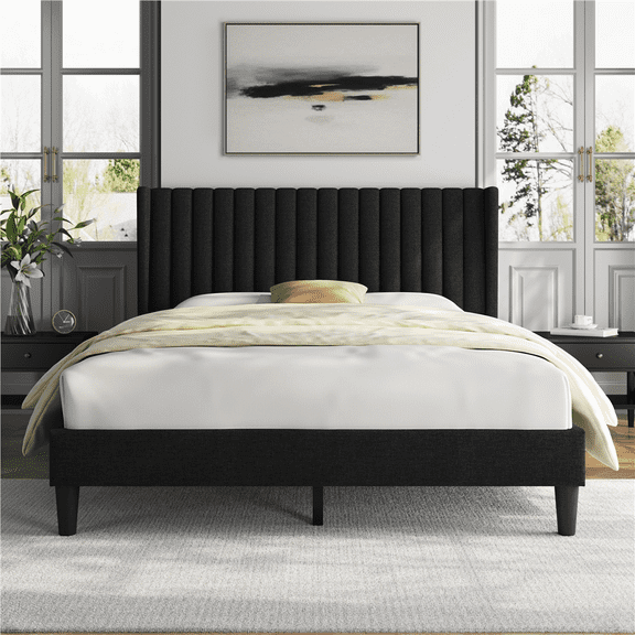 Renwick Upholstered Platform Bed Frame with Wing Side and Channel Tufted Headboard, Queen, Black