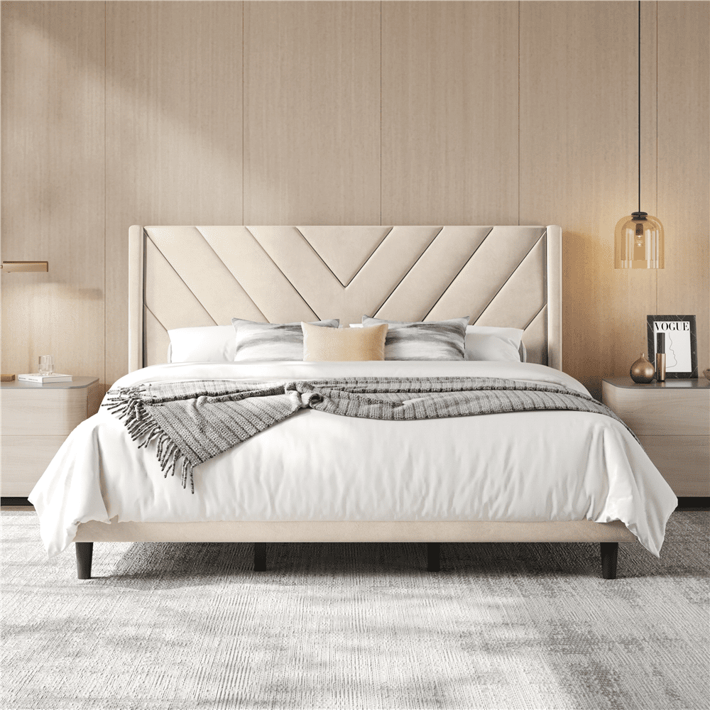 Renwick Upholstered Platform Bed Frame with Wooden Slat Support, King, Beige