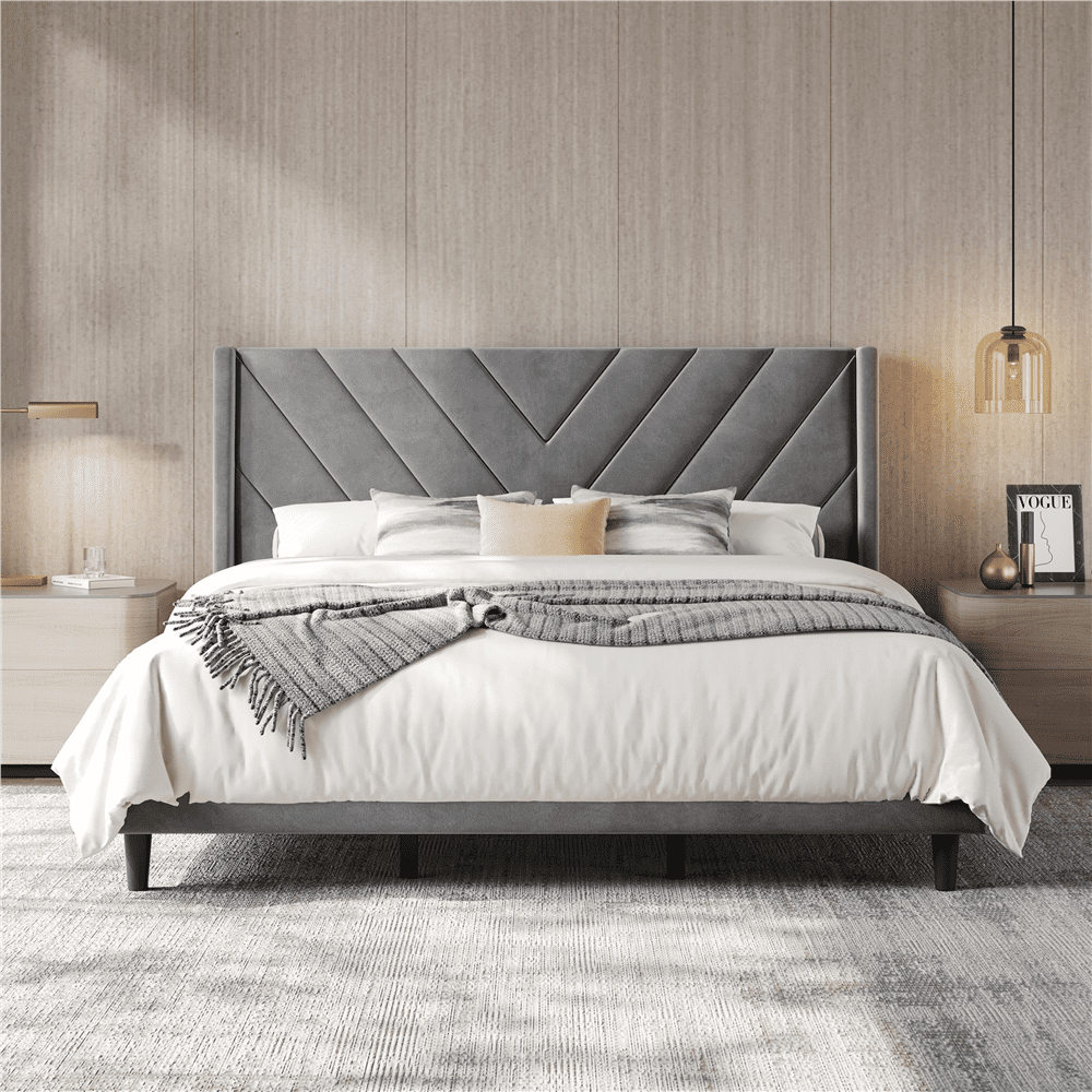 Renwick Upholstered Platform Bed Frame with Wooden Slat Support, King, Light Gray