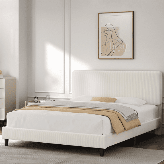 Renwick Full Size Upholstered Platform Bed with Adjustable Headboard, Beige