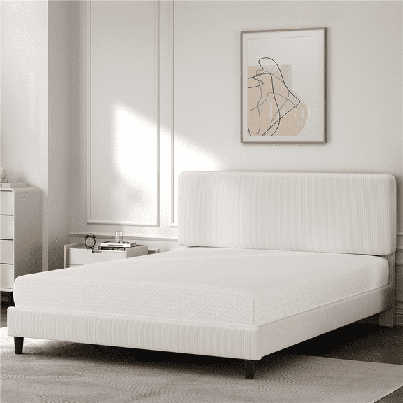 Renwick Upholstered Platform Bed with Adjustable Headboard, Queen, Beige