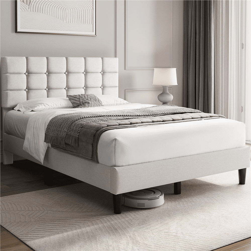 Renwick Full Size Upholstered Platform Bed with Square Tufted Headboard, Beige