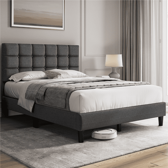 Renwick Full Size Upholstered Platform Bed with Square Tufted Headboard, Dark Gray