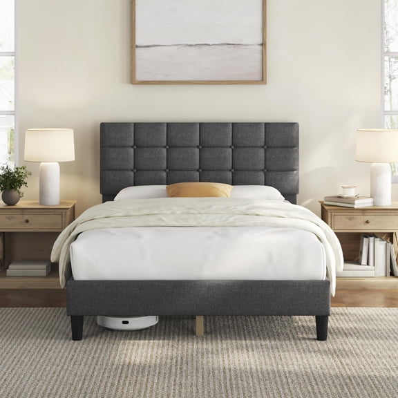 Renwick Full Size Upholstered Platform Bed with Square Tufted Headboard, Dark Gray