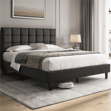 Renwick Upholstered Platform Bed with Square Tufted Headboard, Queen, Dark Gray