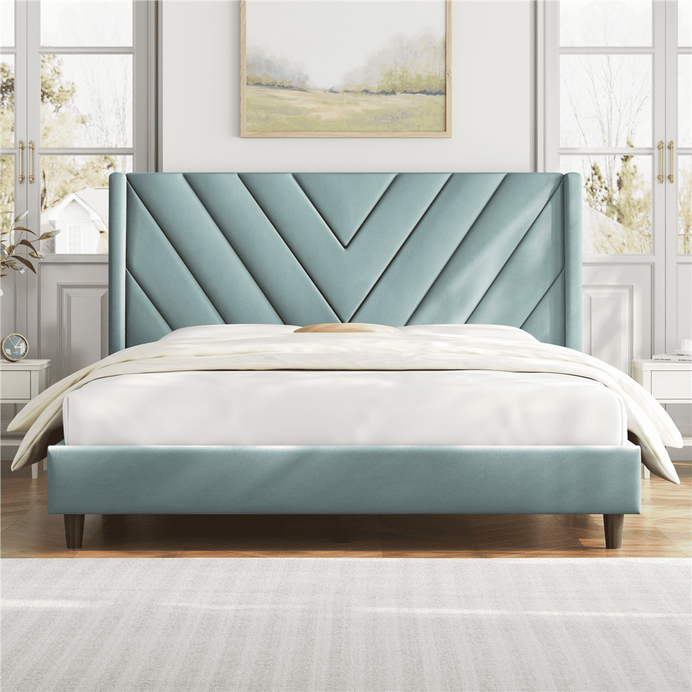 Renwick Upholstered Platform Bed Frame with Tufted Headboard, Blue Lake, All Ages, Queen