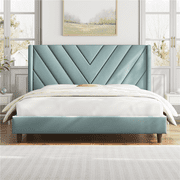 Renwick Upholstered Platform Bed Frame with Tufted Headboard, Blue Lake, All Ages, Queen
