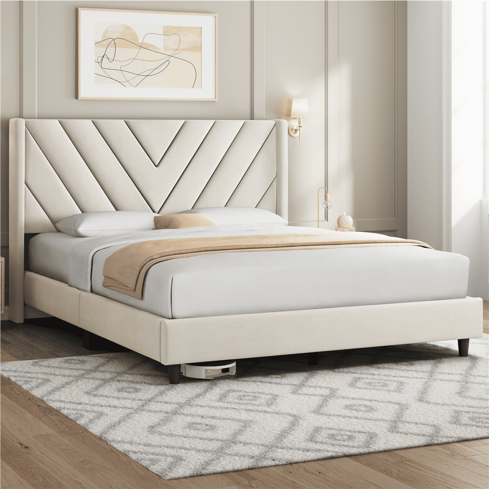 Beige Velvet Upholstered Queen Platform Bed with Wingback Headboard