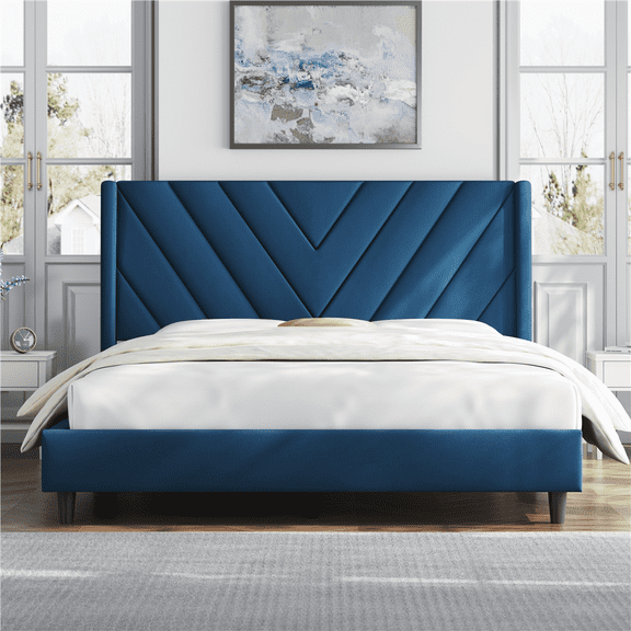 Renwick Upholstered Platform Bed Frame with Tufted Headboard, Blue, All Ages, Queen