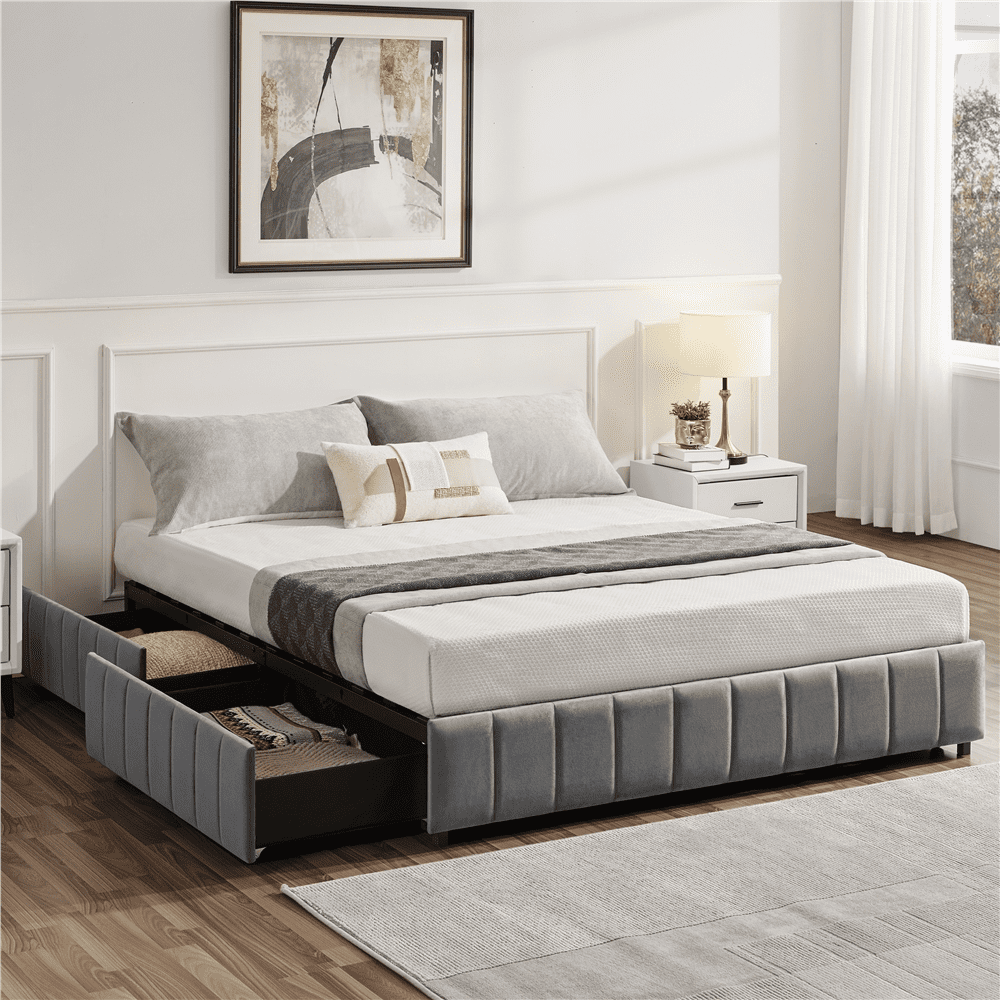 Renwick Upholstered Platform Bed with Underbed 4 Storage Drawers, Adult, Queen, Dark Gray