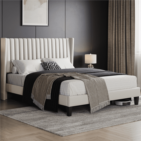 Renwick Upholstered Platform Queen Bed with Wing Side, Adult, Ivory