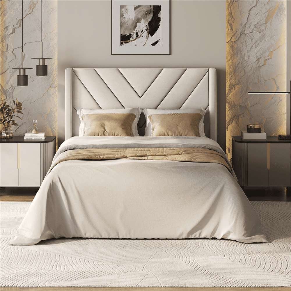Renwick Upholstered Platform Bed with Wooden Slat Support and Tufted Headboard for Adult, Twin, Beige