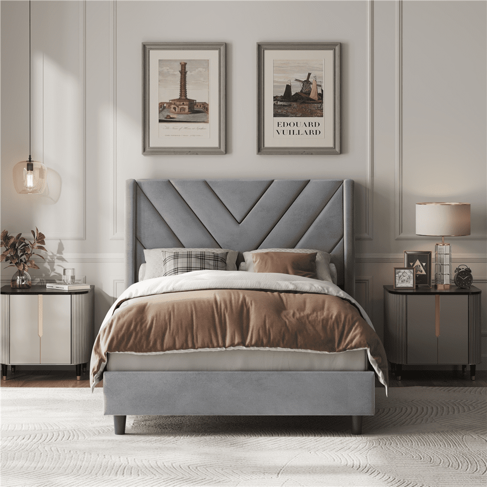 Renwick Twin Size Upholstered Platform Bed with Wooden Slat Support and Tufted Headboard, Light Gray