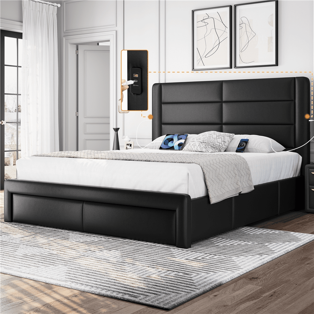 Renwick Upholstered Platform Full Bed with 3 Storage Drawers and Built-in USB Ports for Adults, Black