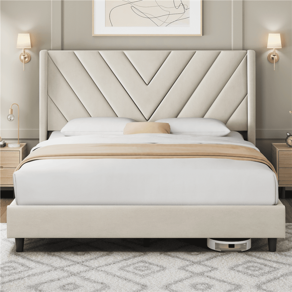 Renwick Upholstered Platform Full Bed with Slat Support for Adult, Beige