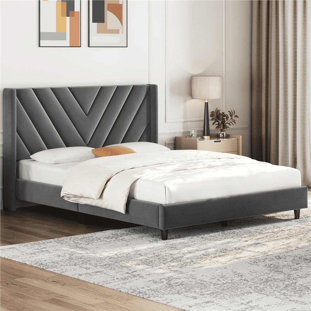 Renwick Upholstered Platform Full Size Bed with Slat Support for Adults, Dark Gray
