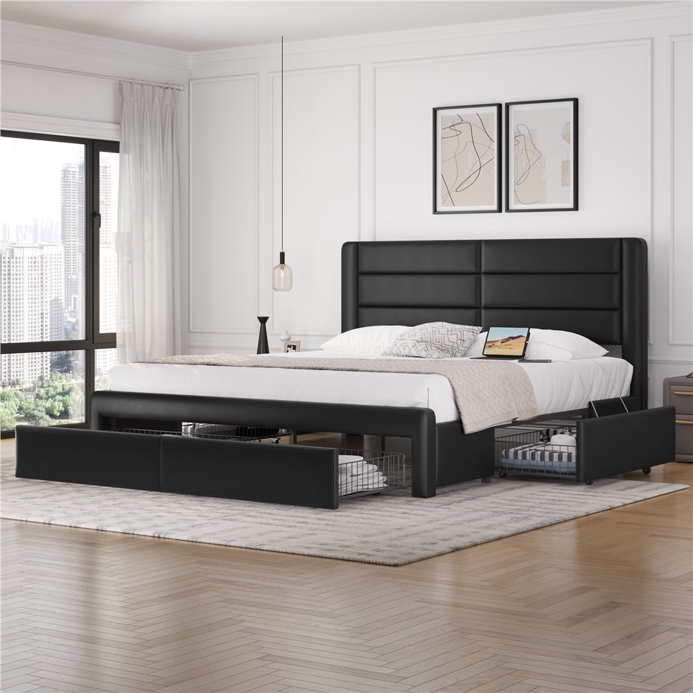 Renwick King Size Upholstered Platform Bed with Storage Drawers and USB Ports, Adult, Black ...
