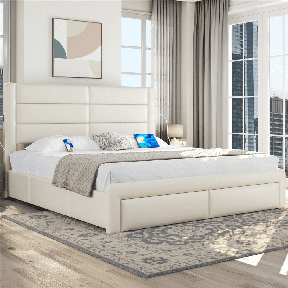 Renwick Upholstered Platform King Bed with Built-In USB Ports, Beige
