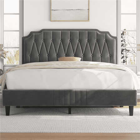Renwick Upholstered Platform Queen Bed with Adjustable Headboard, Dark Gray
