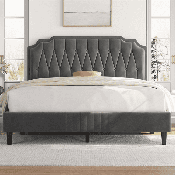 Renwick Upholstered Platform Queen Bed with Adjustable Headboard, Dark Gray
