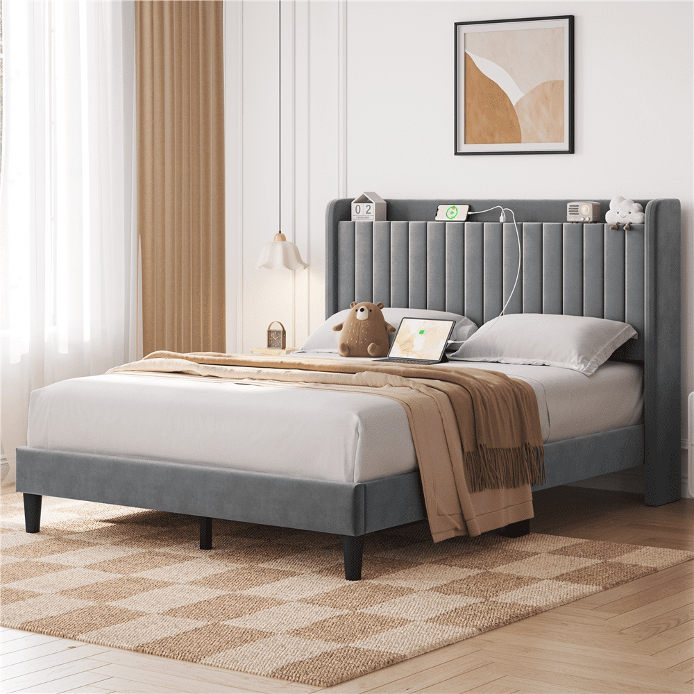 Renwick Upholstered Platform Queen Bed with Charging Outlets and USB Ports, Light Gray, Adult