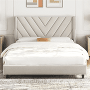 Renwick Queen Size Modern Upholstered Platform Bed with Slat Support, Beige