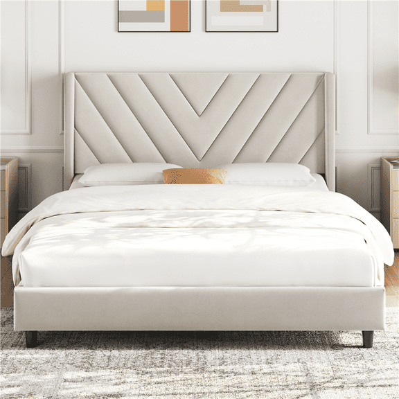 Renwick Queen Size Modern Upholstered Platform Bed with Slat Support, Beige