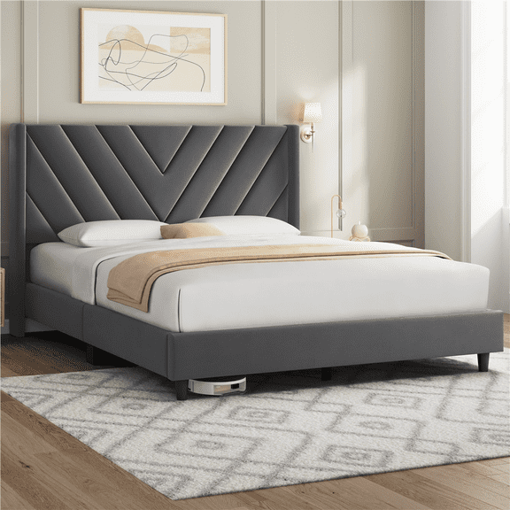 Renwick Queen Size Upholstered Platform Bed with Slat Support, Dark Gray