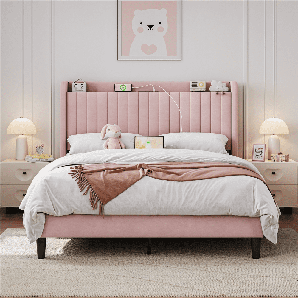 Renwick Upholstered Velvet Bed Frame with Charging Outlets and USB Ports, Queen, Pink