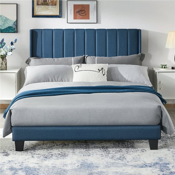 Renwick Upholstered Platform Queen Bed Frame with Wing Side, All Ages, Navy Blue