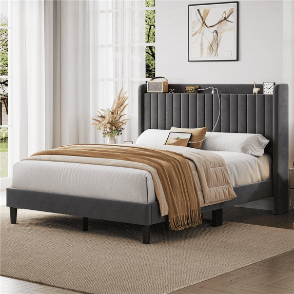 Renwick Velvet Bed Frame with Charging Outlets and USB Ports and Storage Headboard for Adult, Queen, Dark Gray
