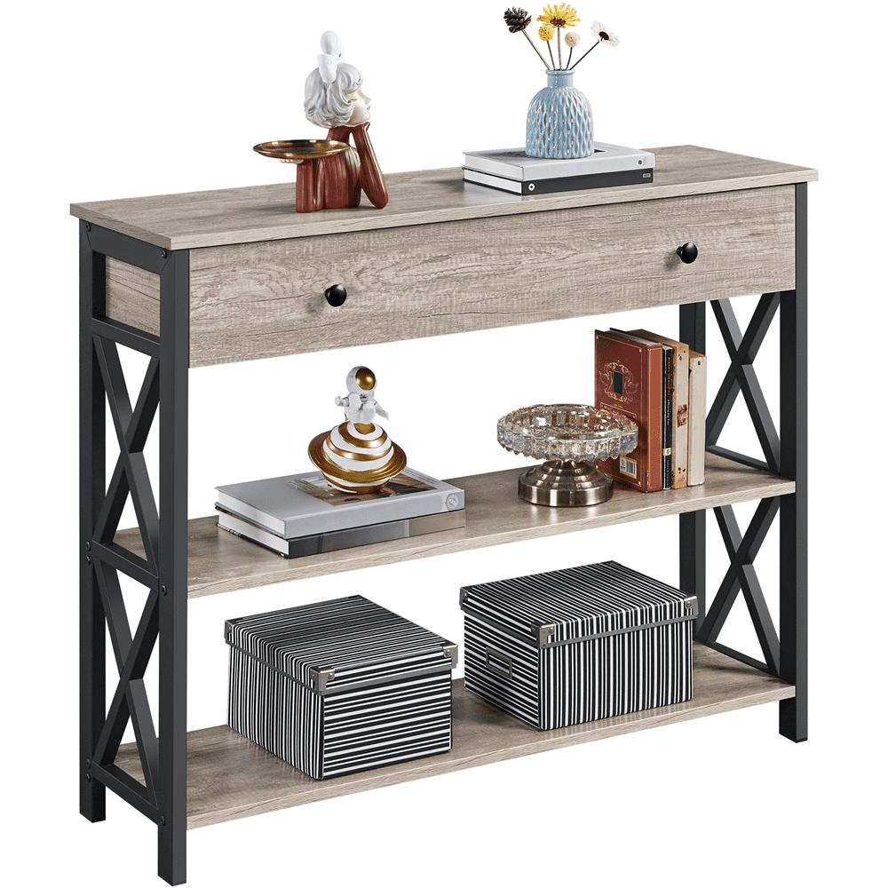 Renwick Vintage Wooden Console Table with 1 Drawer and 2 Open Shelves for Livingroom, Gray