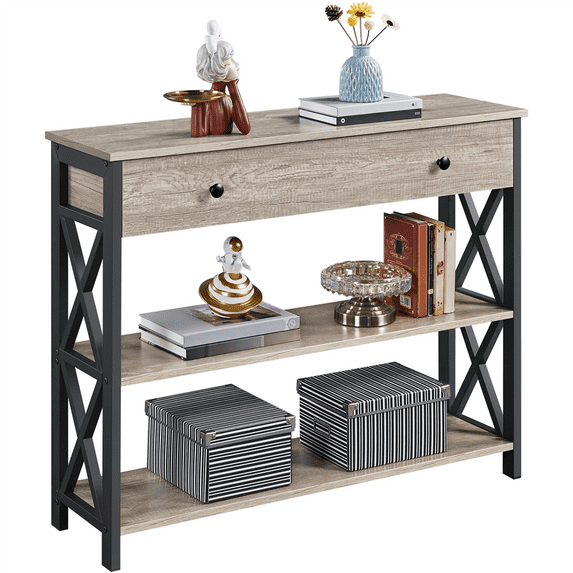 Renwick Vintage Wooden Console Table with 1 Drawer and 2 Open Shelves for Livingroom, Gray