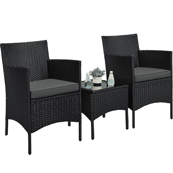 Renwick Wicker Rattan Coffee Table and Two Chairs Patio Conversation Set, Black