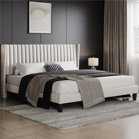Renwick Wingback Upholstered Platform Bed Frame, King, Ivory