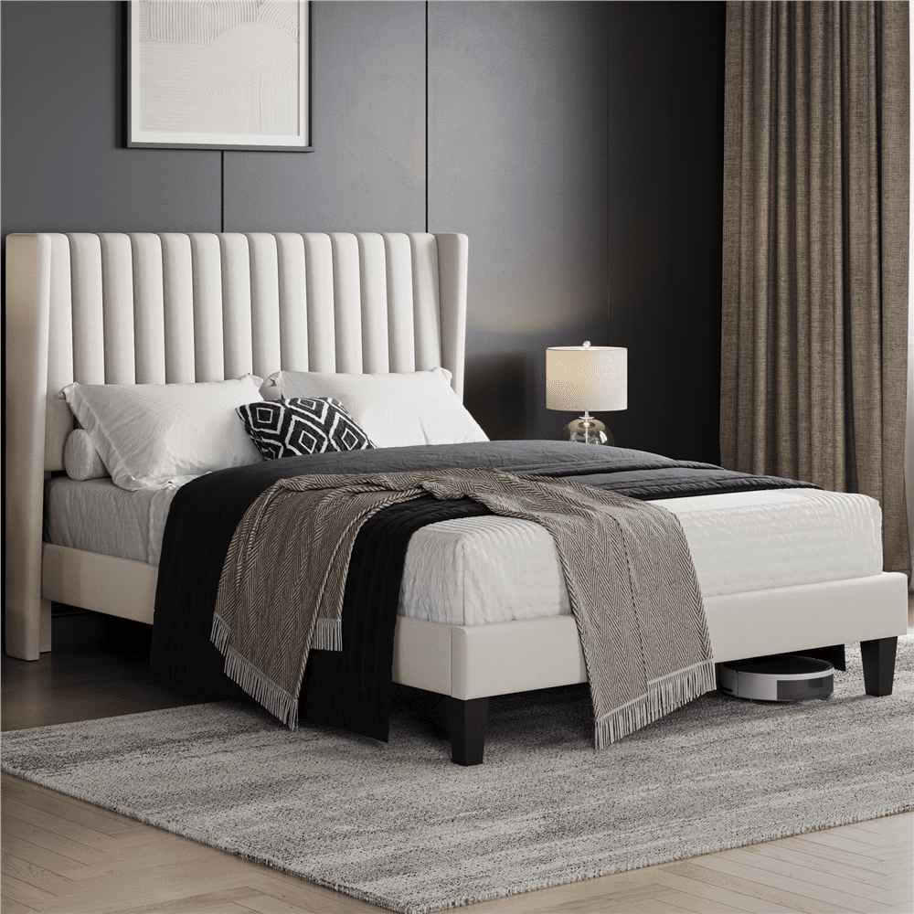 Renwick Upholstered Platform Full Bed Frame with Channel Headboard for Adult, Ivory