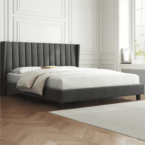 Renwick Upholstered Platform King Bed with Wing Side, Adult, Dark Gray