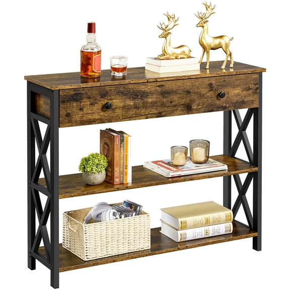 Renwick Wooden Console Table with 1 Drawer and 2 Open Shelves for Livingroom, Rustic Brown: