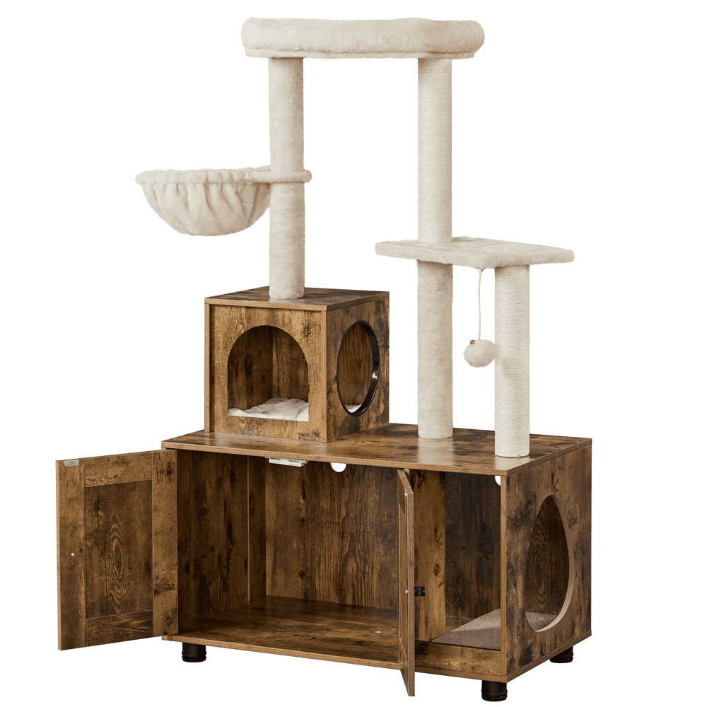 Renwick 53''  Wooden Litter Box Enclosure with Cat Tree Tower, Rustic Brown/Beige