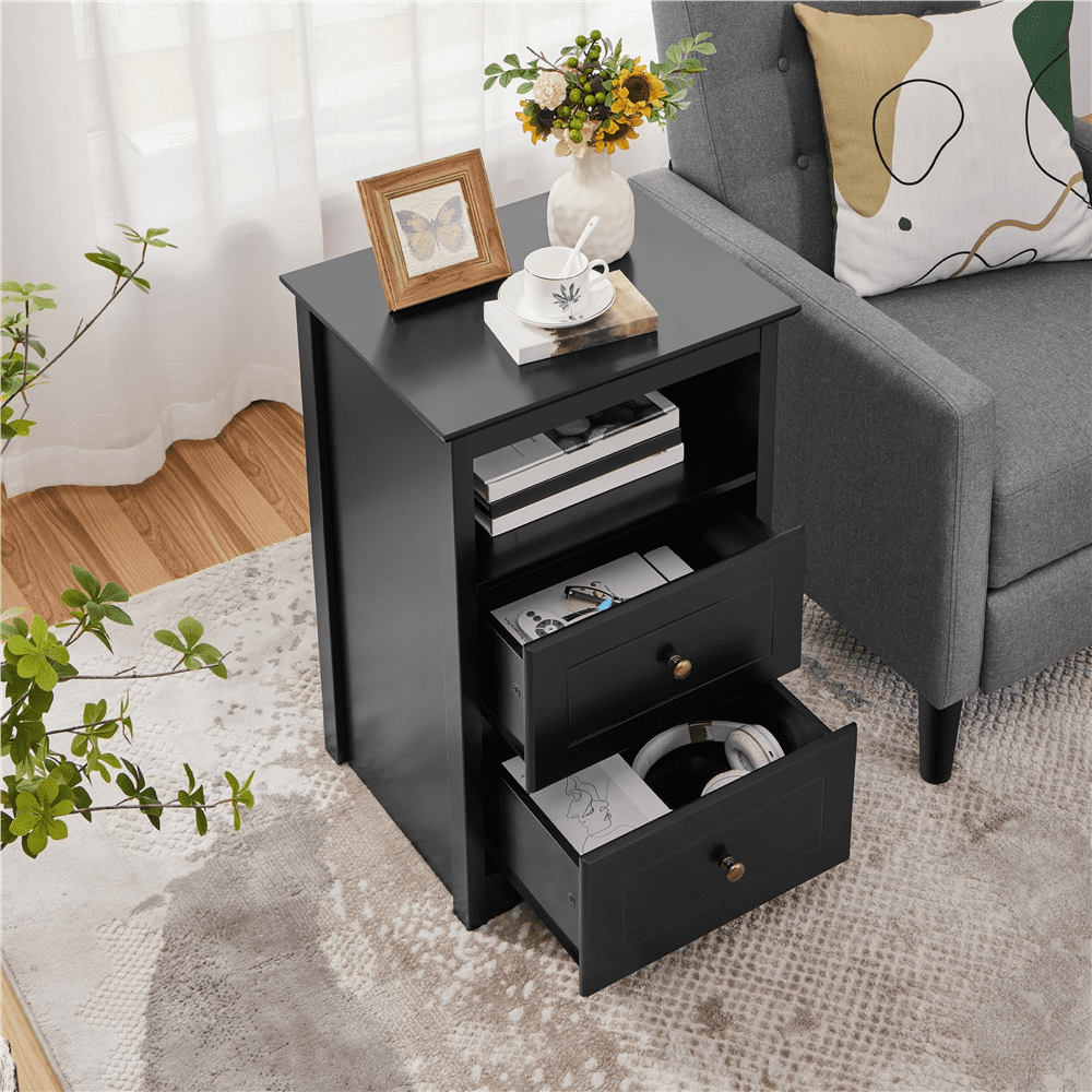 Renwick Wooden Nightstand with Storage Drawers and Open Shelf, Black