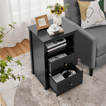 Renwick Wooden Nightstand with Storage Drawers and Open Shelf, Black